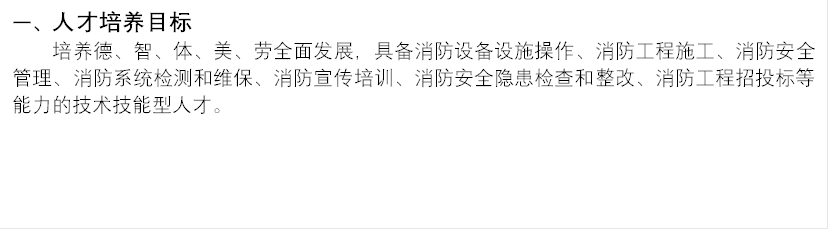 一、人才培养目标培养德、智、体、美、劳全面发展,具备消防设备设施操作、消防工程施工、消防安全管理、消防系统检测和维保、消防宣传培训、消防安全隐患检查和整改、消防工程招投标等能力的技术技能型人才。
